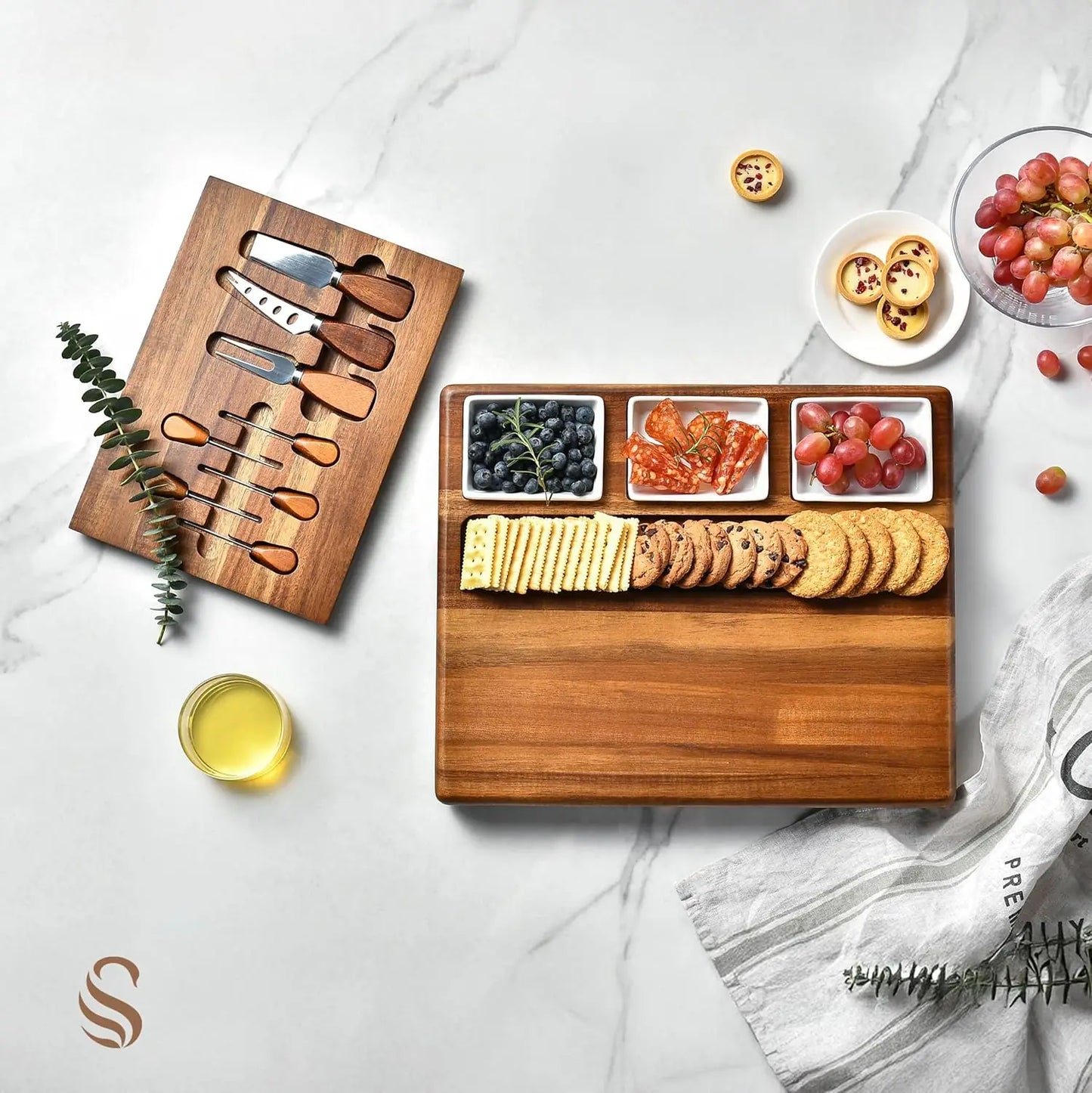 Acacia Wood Charcuterie Board Set with Bowls & Utensils