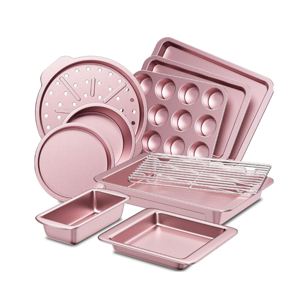 10-Piece Pink Bakeware Set with Rack, Muffin, and Cake Pans
