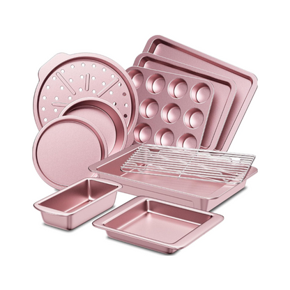 10-Piece Pink Bakeware Set with Rack, Muffin, and Cake Pans